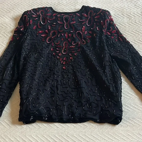 Vintage Beaded Jacket Sequins Black Red  Valentine Medium NWT - Picture 6 of 11